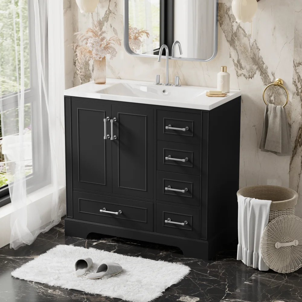 36 Inch Traditional Bathroom Vanity with Resin Sink Combo Set, Blue Bathroom Cabinet with Two Doors and Four Drawers 6