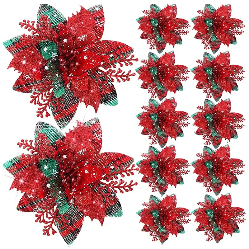 5/10Pcs Glitter Pink Christmas Flowers Xmas Tree 14cm Artifical Flower Ornaments 2025 Christmas Decoration For Home New Year