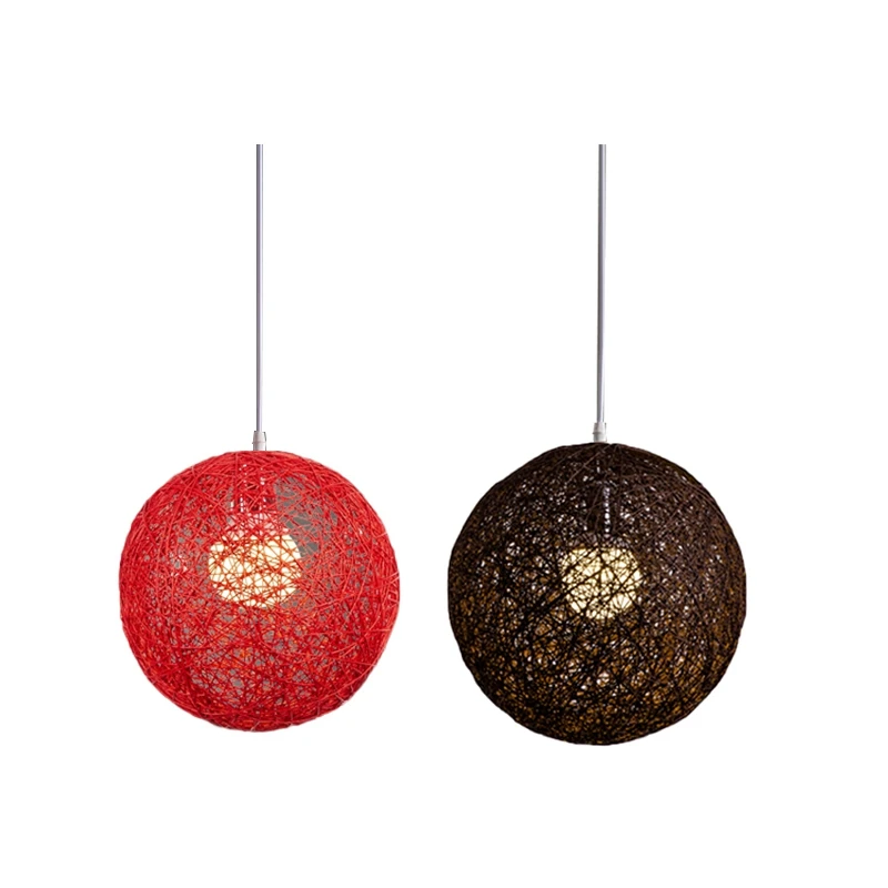 

2 Pcs Bamboo, Rattan And Hemp Ball Chandelier Individual Creativity Spherical Rattan Nest Lampshade - Red & Coffee