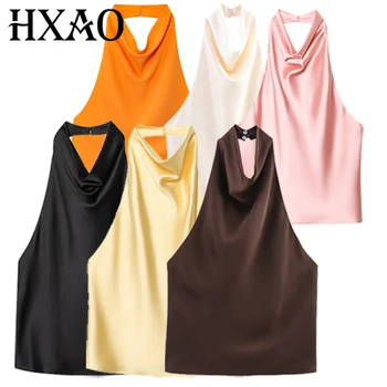 HXAO Satin Halter Top Women Summer 2025 Black Yellow Tanks & Camis Crop Smooth Off Shoulder Tank Top Sleeveless Backless Vests 1