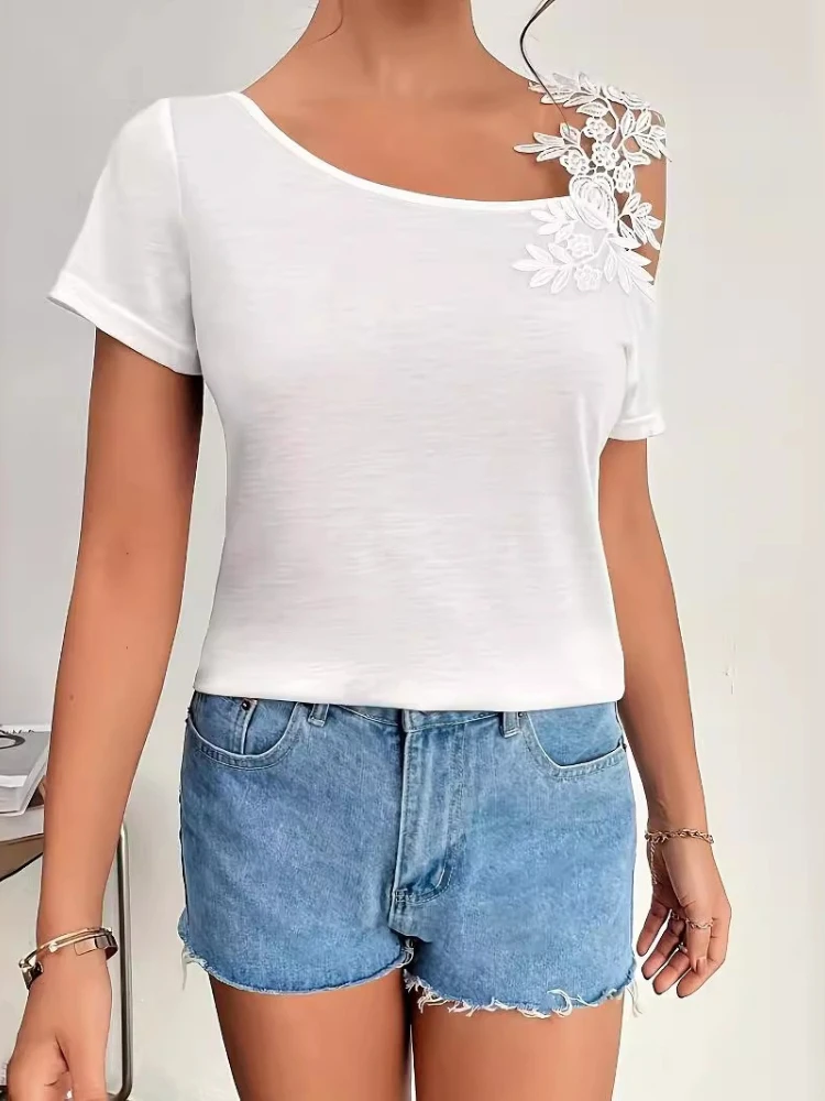 New Fashion Summer Women's Crew Neck Off-Shoulder Embroidery Splicing Solid Color Short Sleeve Top Elegant Solid Color Blouse