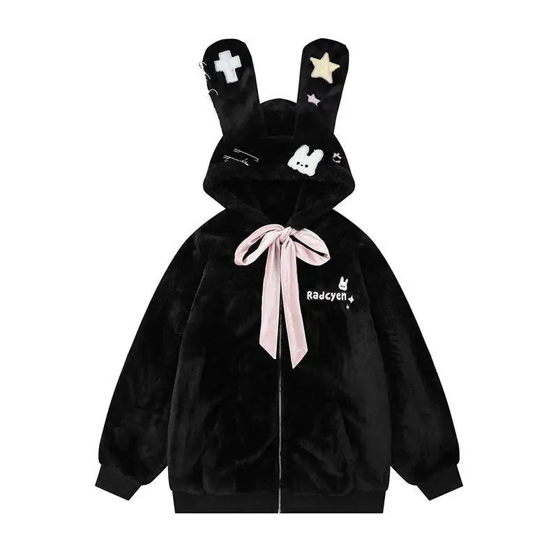Cute Rabbit Ears Lamb Wool Coat Female Autumn and Winter Sweet Girl Parkas Bow Niche Hooded Zipped Cotton-Padded Jacket