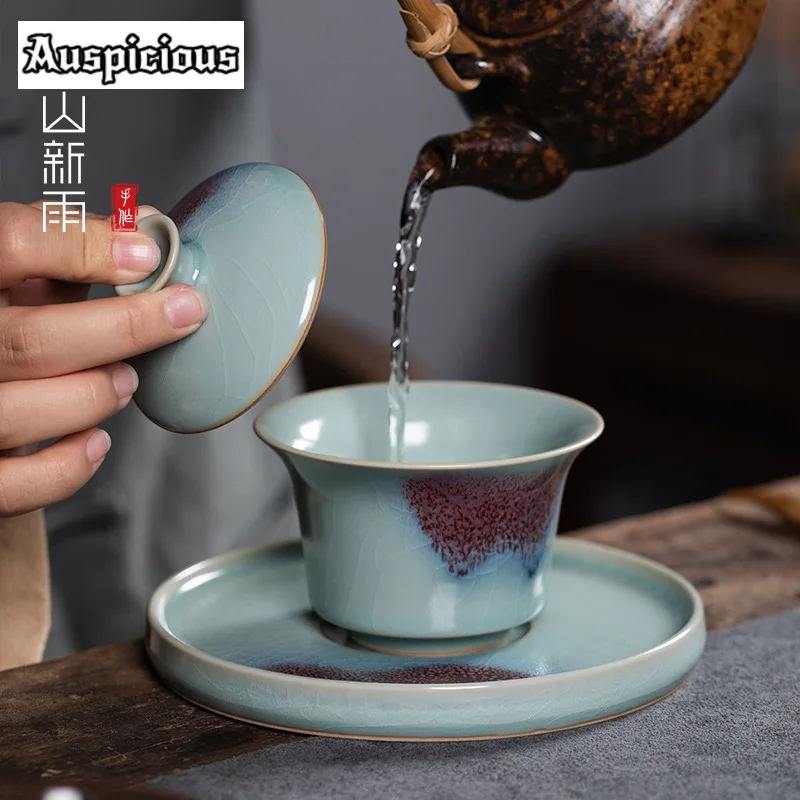 180ml Handmade Longquan Celadon Gaiwan Jun Kiln Kung Fu Tea Cover Bowl Tea Tureen Making Cover Bowl Chinese Set Ornament