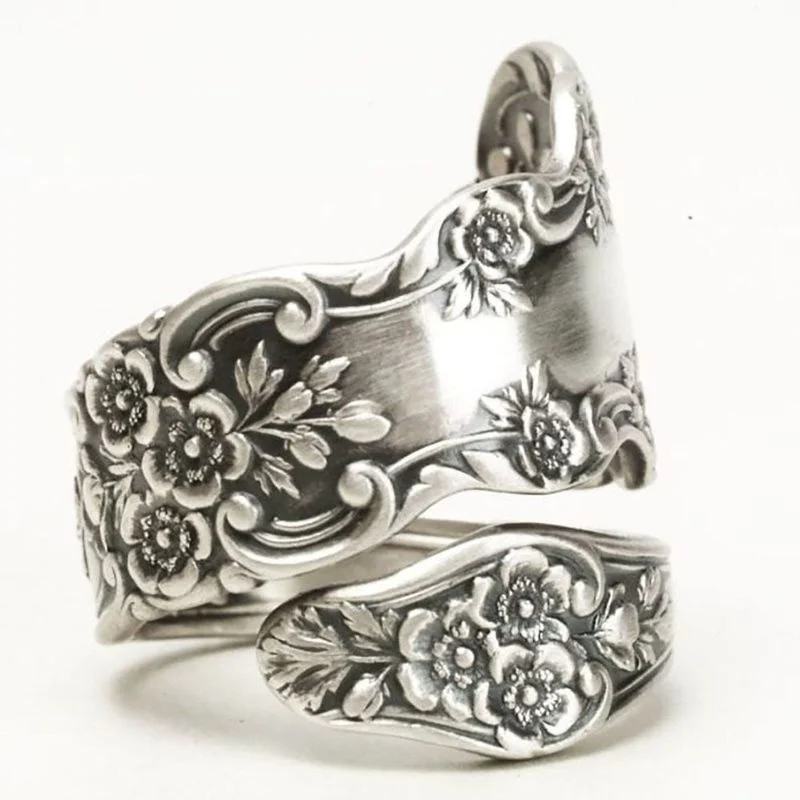 Vintage Silver Color Carving Lotus Flower Spoon Rings for Women Creativity Wedding Engagement Party Jewelry Gift 1
