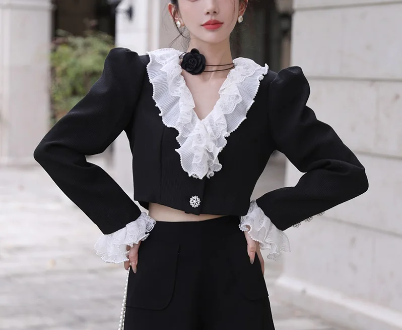 High order design with lace V-neck, versatile long sleeved small fragrant suit top, short jacket for women harry potter and the order of the phoenix