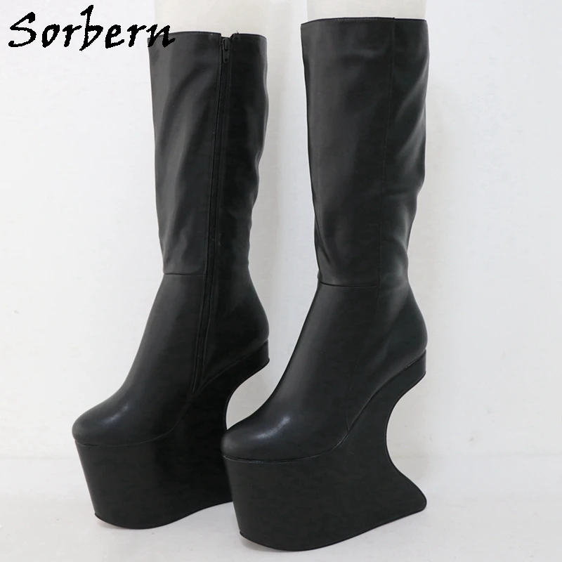 

Sorbern Black Matte Knee High Boots For Drag Queens Super High Circle Heelless Platform Big Size Eu33-48 Custom Colors