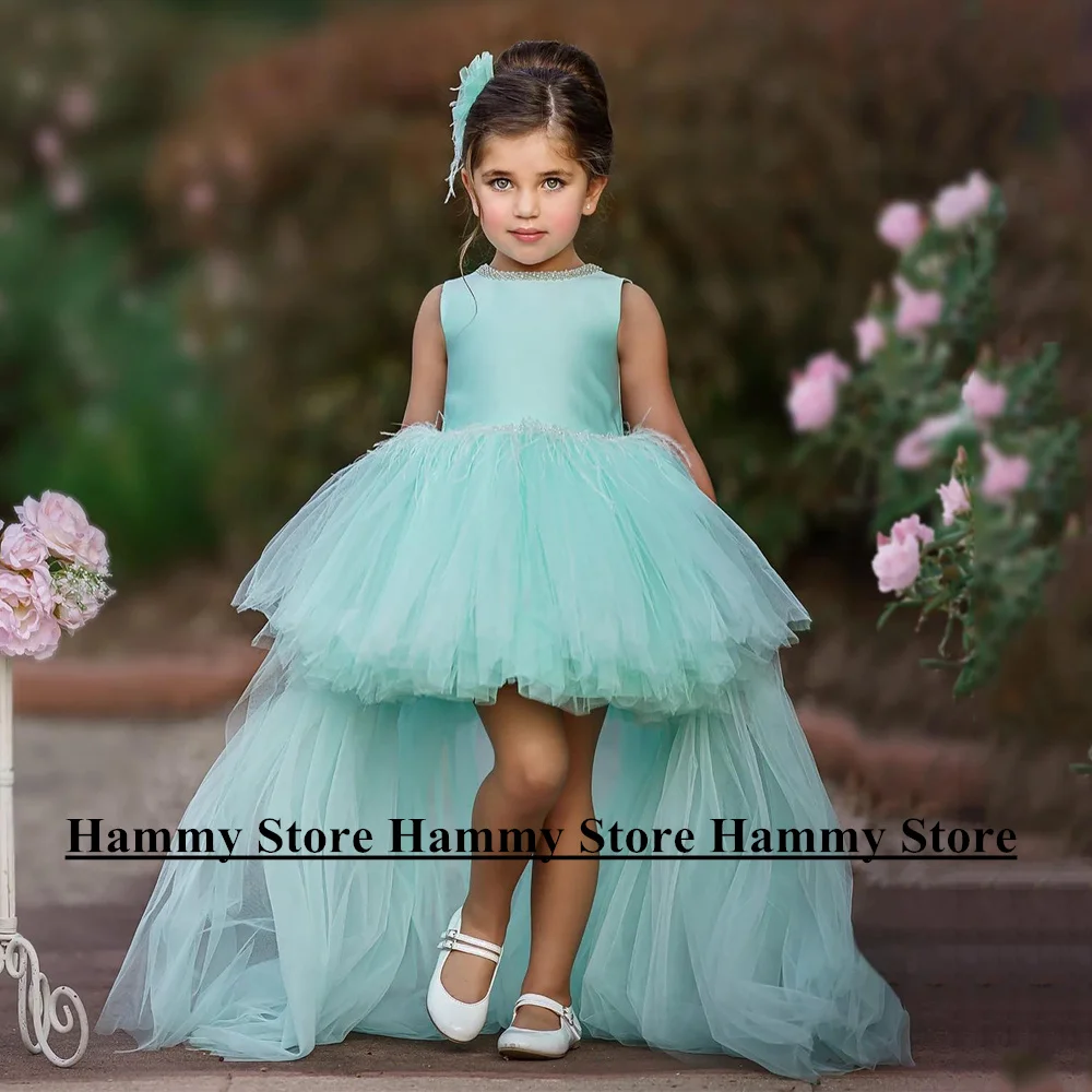 

Yipeisha Мятное Цветочное платье для девочки с круглым вырезом без рукавов с бисером перья атласное Тюлевое платье с открытой спиной для первого причастия вечерние платья