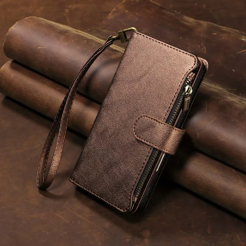 Leather Flip Phone Case with Magnetic Zipper and 9-Card Wallet Slots
