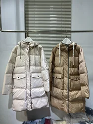 Italy B*C New Women's Hooded Long Down Jacket Italy Fashion Slim Fit Over Knee Feather Coats Winter Woman Cold Clothing