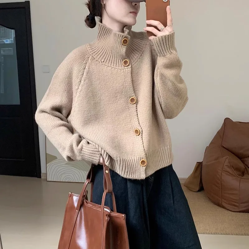 

Autumn and Winter Women's Casual Solid Color Loose Single-breasted High Neck Long-sleeved Cardigan Fashion Temperament Sweater