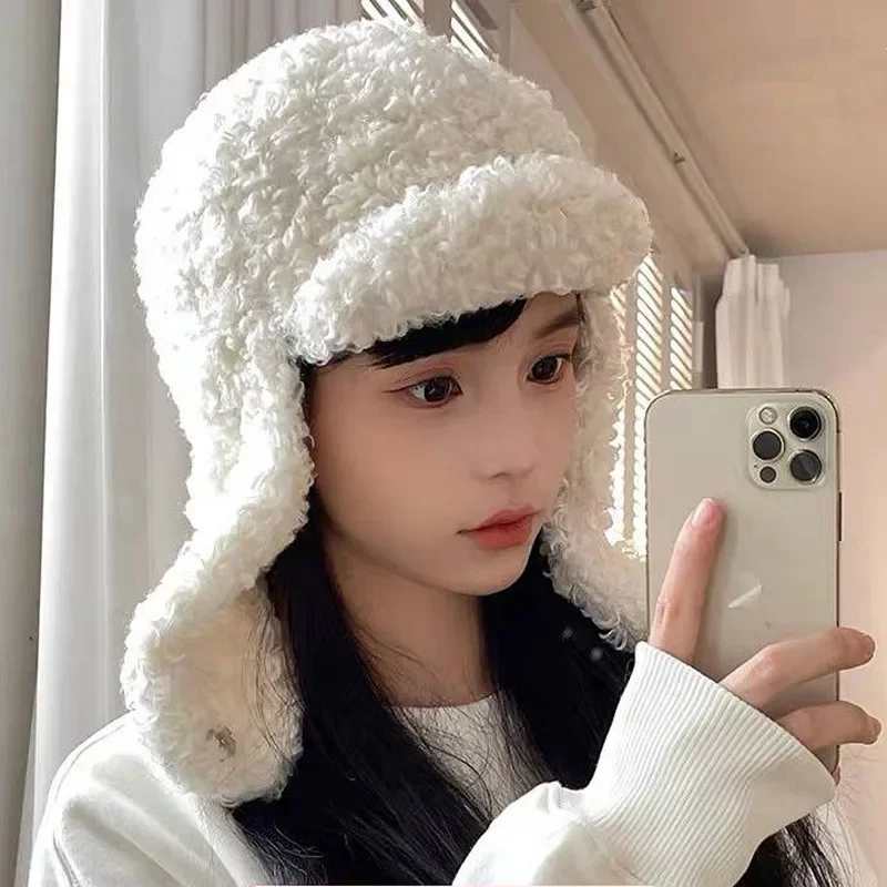 

Japanese Solid Color Versatile Lamb Wool Thermal Ear Protection Flying Hat Women's Winter Cycling Windproof Ski Bomber Hats