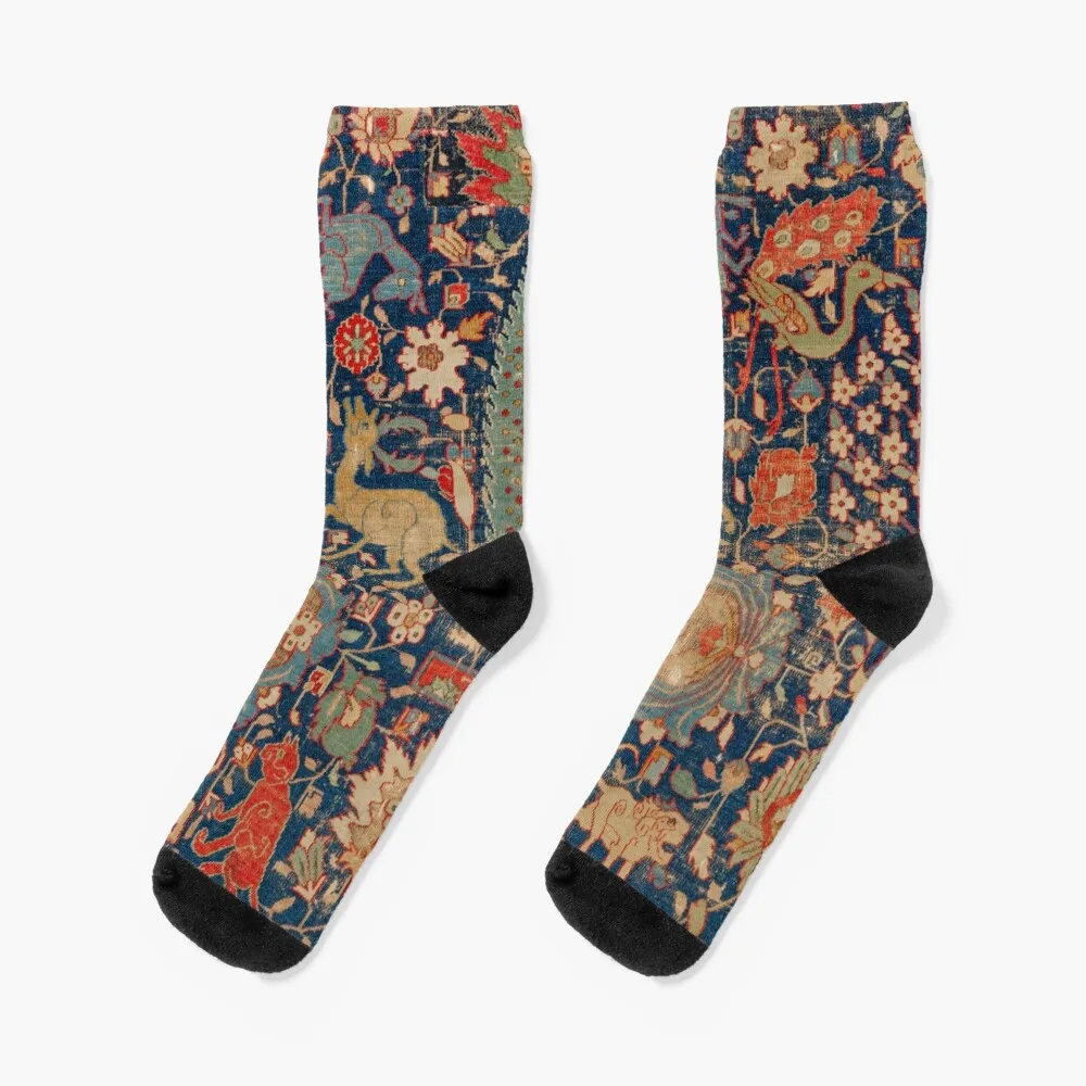 17th Century Persian Rug Print with Animals Socks Heating sock sport Stockings Socks Men's Women's persian medallion rug ii 16th century distressed red green blue flowery colorful ornate pattern shower curtain