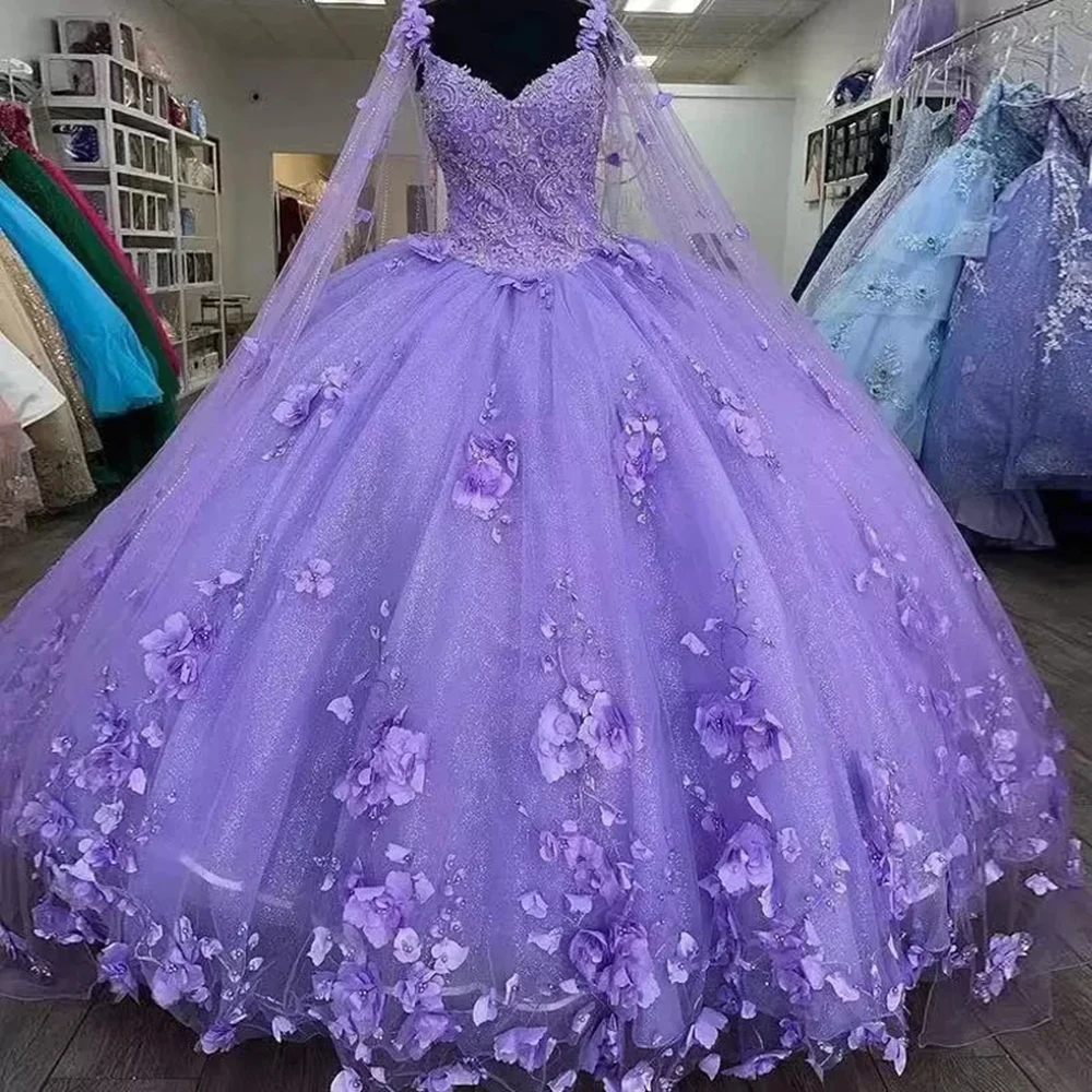 GUXQD Lavender Ball Gown Quinceanera Dresses 15 Party High Quality 3D Flower Lace Cinderella Princess Birthday Gowns With Cape