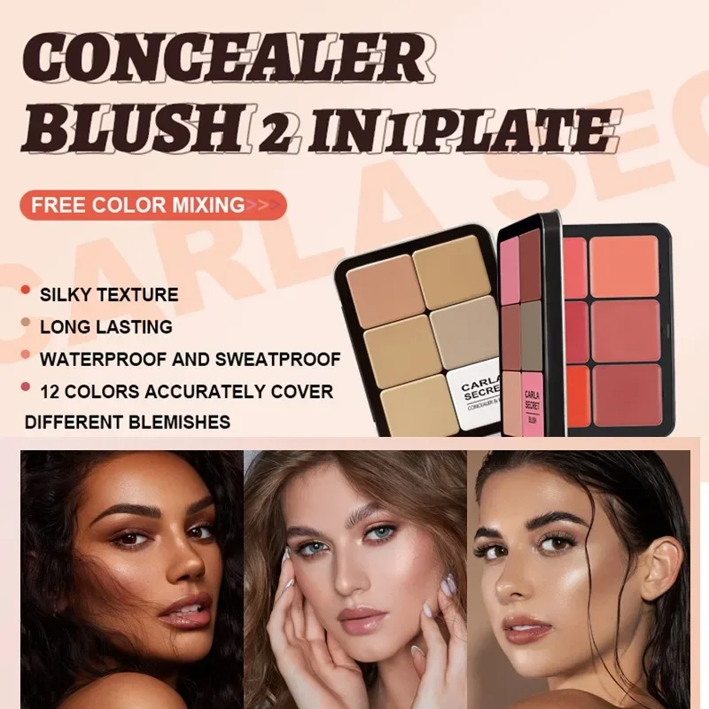 12-Color Iron Box Blusher Plate Multi-Color Cream Blush Plate Concealer Contour and Highlighter Palette Makeup Blush Face
