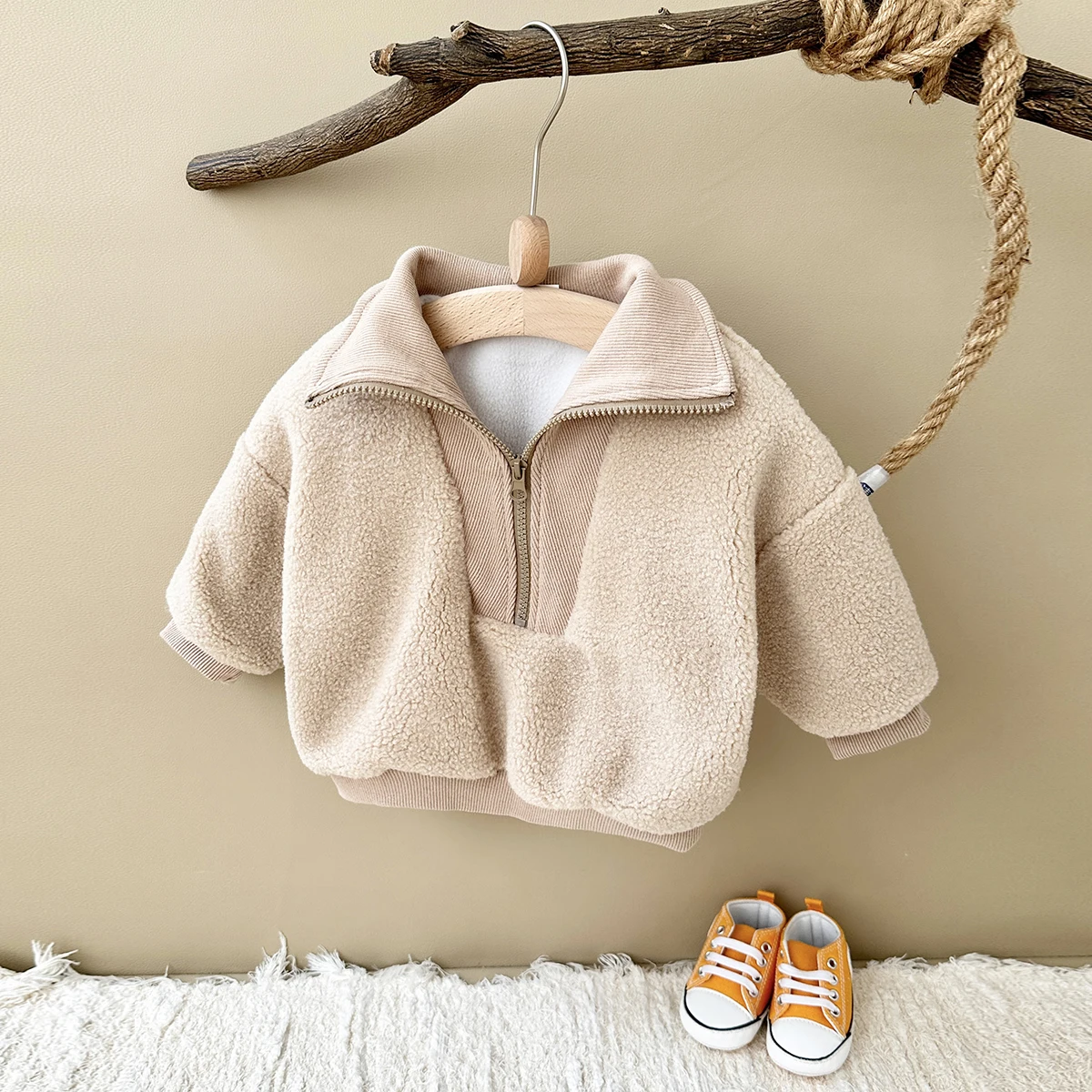 Korean Baby Boys Girls Coat Lamb Wool Warm Winter Thicken Half-Zip Fleece Jacket Solid Colour 0-3Y Toddler Top