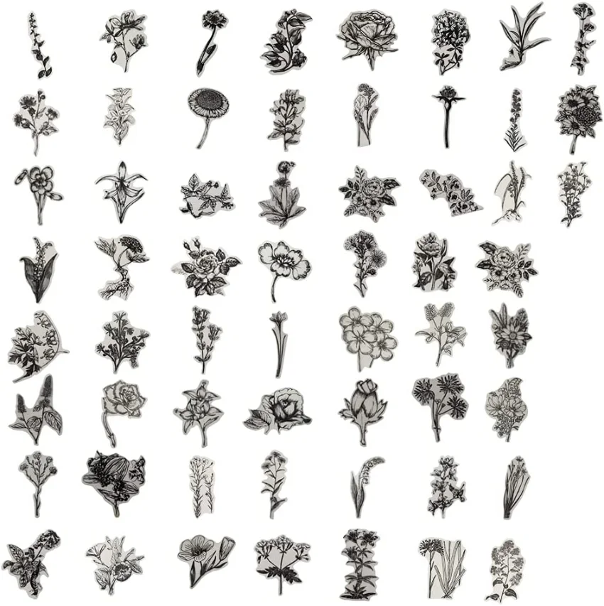 60 PCS Black and White Vintage Retro Flower Plant Stickers Decals for Laptop Scrapbooking Journal Planner Card Making