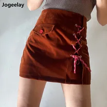 

Women's Classic Brown High Waist Lace Up Bodycon Faux Suede A Line Mini Pencil Skirt Mini Punk Skirt