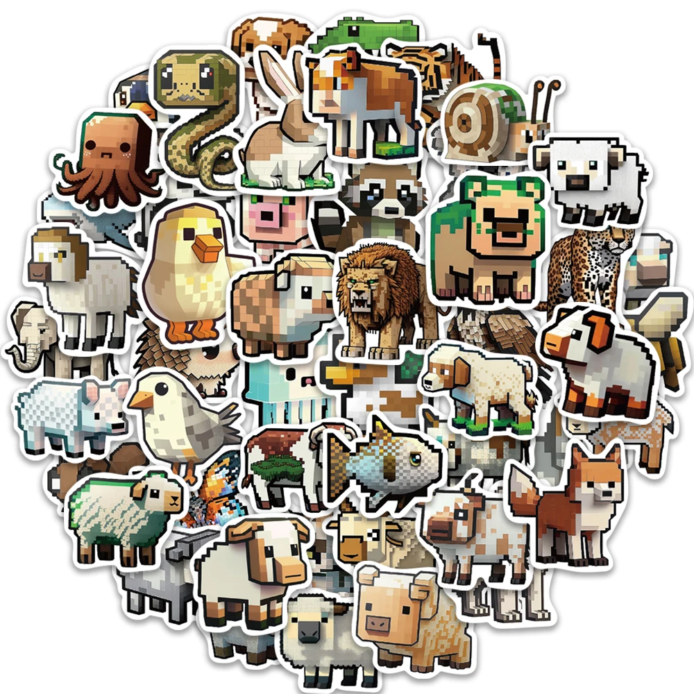 10/25/50pcs Mosaic Pixel Style Cartoon Animal Stickers Decals For Kids Laptop Guitar Skateboard Stationery Car Sticker