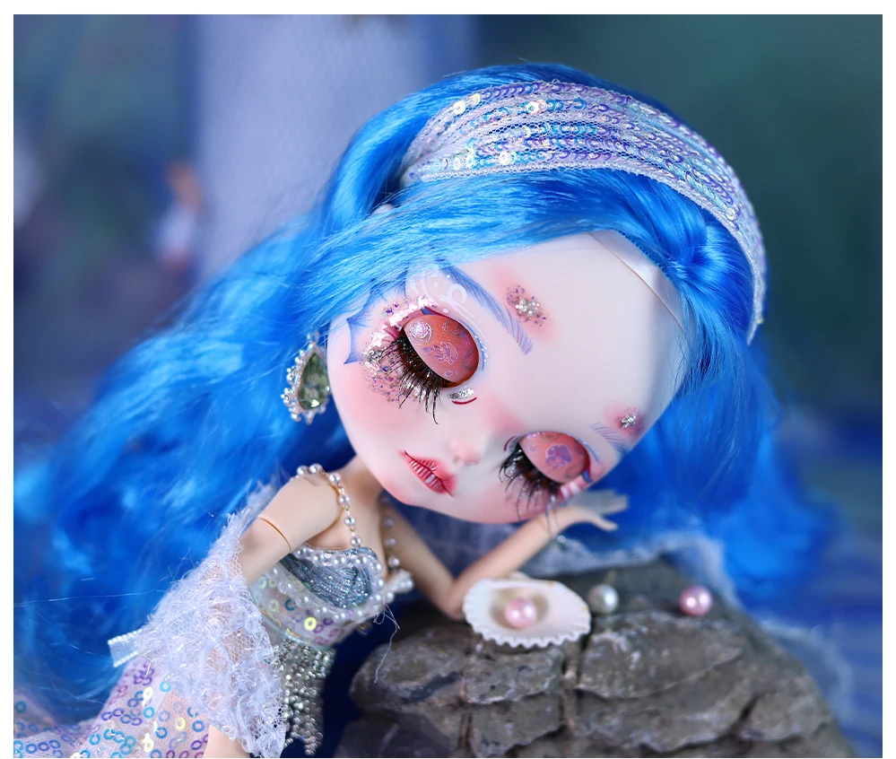 Nàng tiên cá - Cao cấp Custom Neo Blythe Búp bê tóc xanh da trắng khuôn mặt dễ thương mờ 6