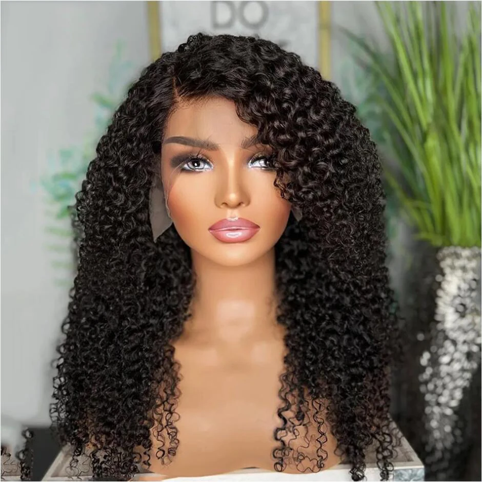 

Natural Black Soft Glueless Preplucked 26Inch Long 180% Density Kinky Curly Deep Lace Front Wig For Women With BabyHair Daily