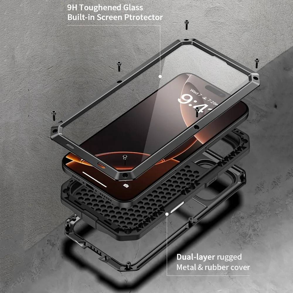 Rugged Shockproof Metal Phone Case with Glass Screen Protection