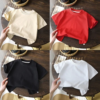 2-10Y Children's Shirts Pure Cotton Short Sleeved Pullover T-shirt Baby Boys Girls Summer Clothes New Students Solid Color Tops 1
