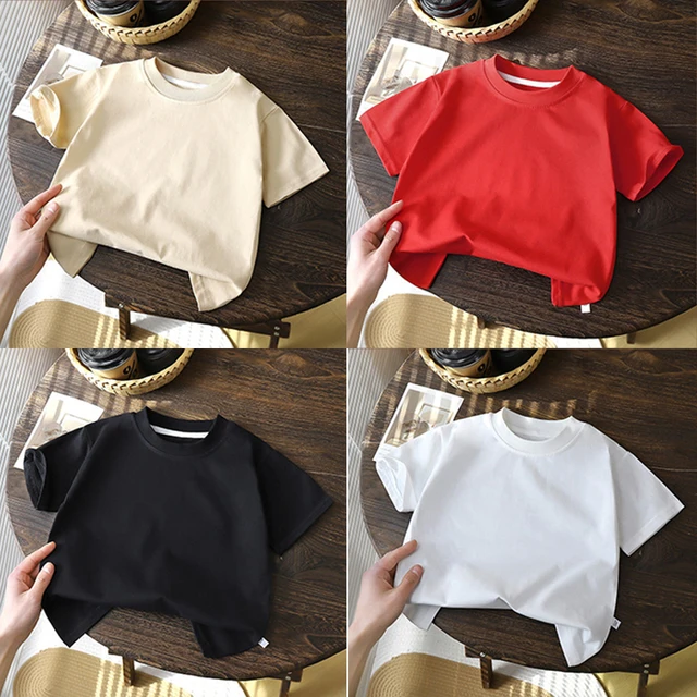 Chemises pour enfants de 2 à 10 ans, pull à manches courtes en pur coton, T-shirt pour bébés garçons et filles, vêtements d'été pour nouveaux étudiants, hauts de couleur unie 1