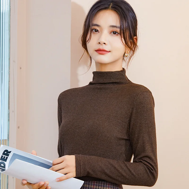 New cashmere bottoming shirt in autumn and winter Women's semi-high-necked long-sleeved warm top Slim-fit and slim