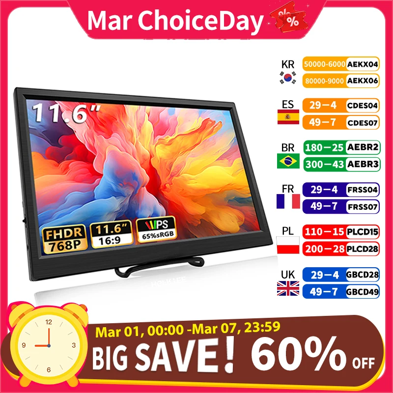 11.6 Inch Portable Monitor HDMI-Compatible Laptop second screen Gaming Extended Display For Switch/PS4/Xbox/Raspberry Pi