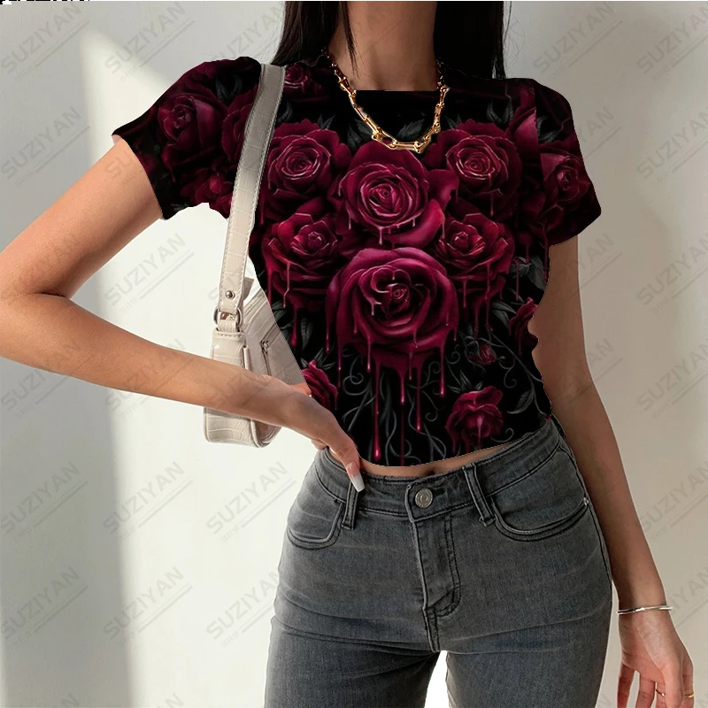 

New Women's Round Neck Short Sleeve T-shirt Tight 3D Printing Summer Fashion Women's Slim Fit Butterfly Flower Short Sleeve Top