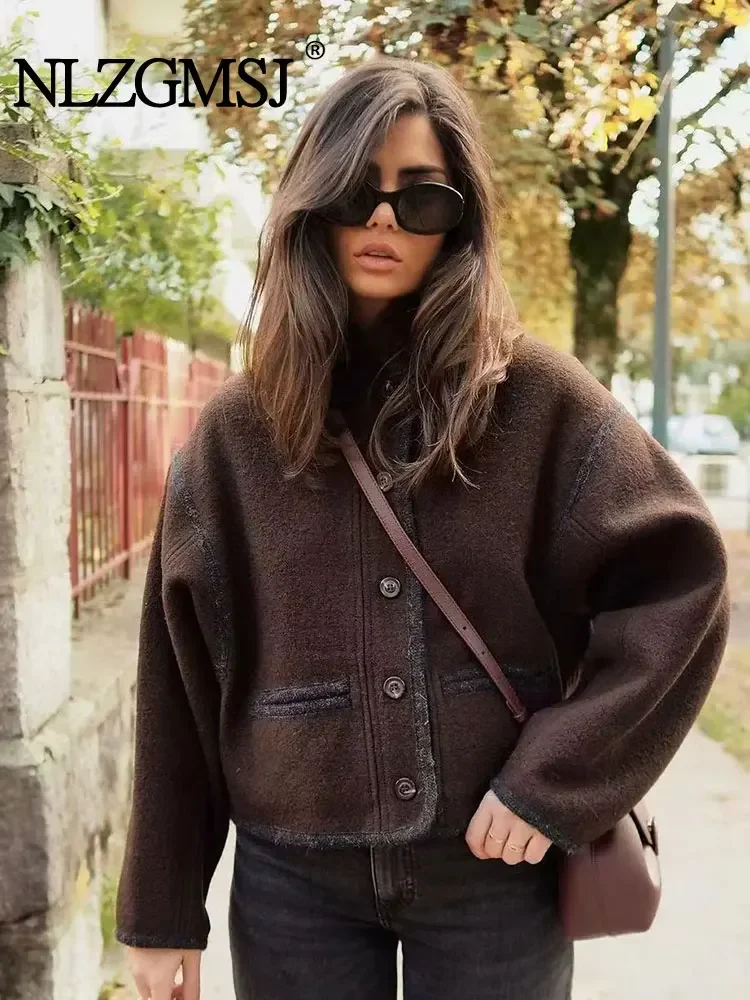 

Nlzgmsj TRAF 2024 Casual Single-breasted Woolen Coat Women Autumn Winter Chic Long Sleeve Stand Collar Brown Jacket Female