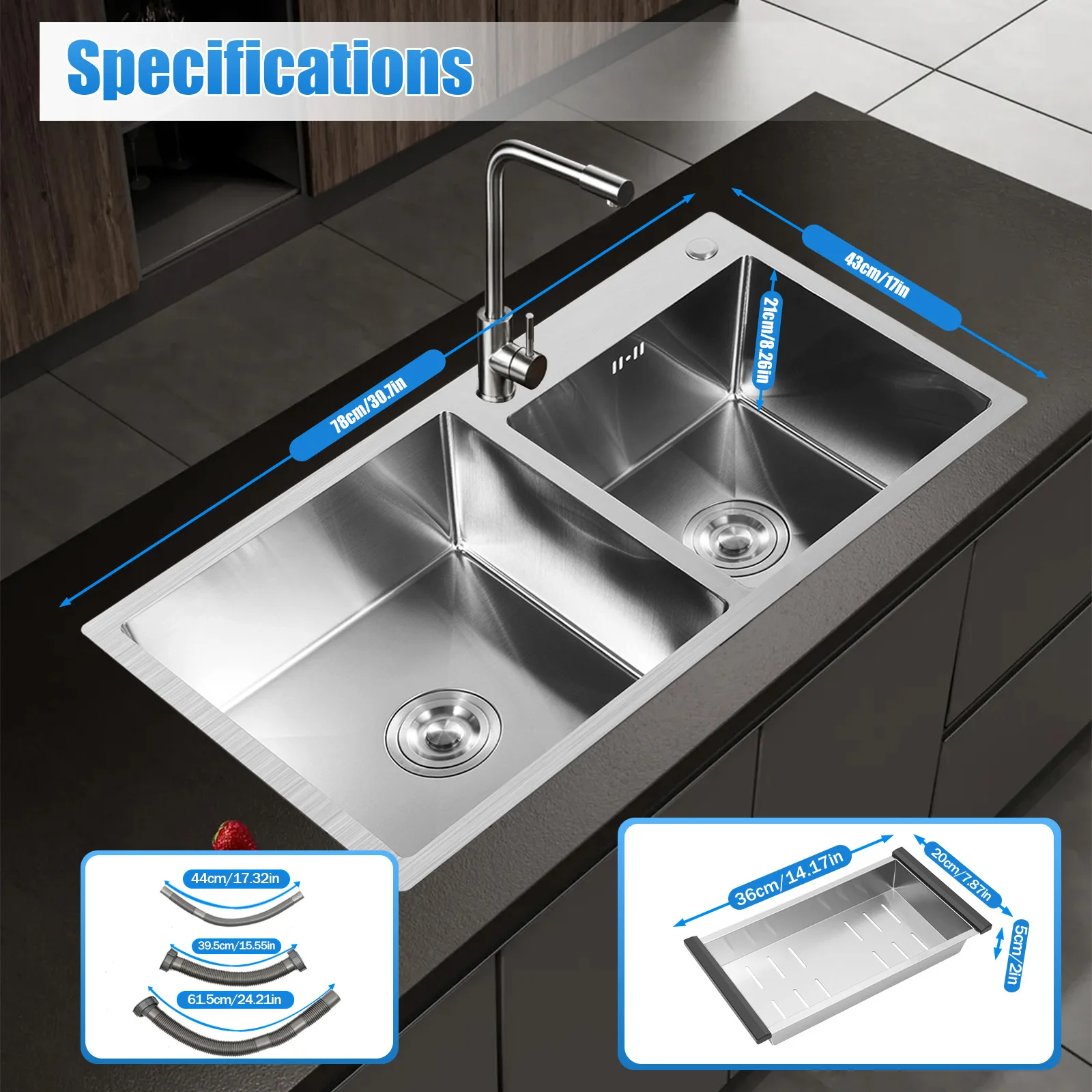 30.7 x 16.9inch Kitchen Sink Double Basin Stainless Steel Drop in Kitchen Sink Double Bowls with Basket Strainer