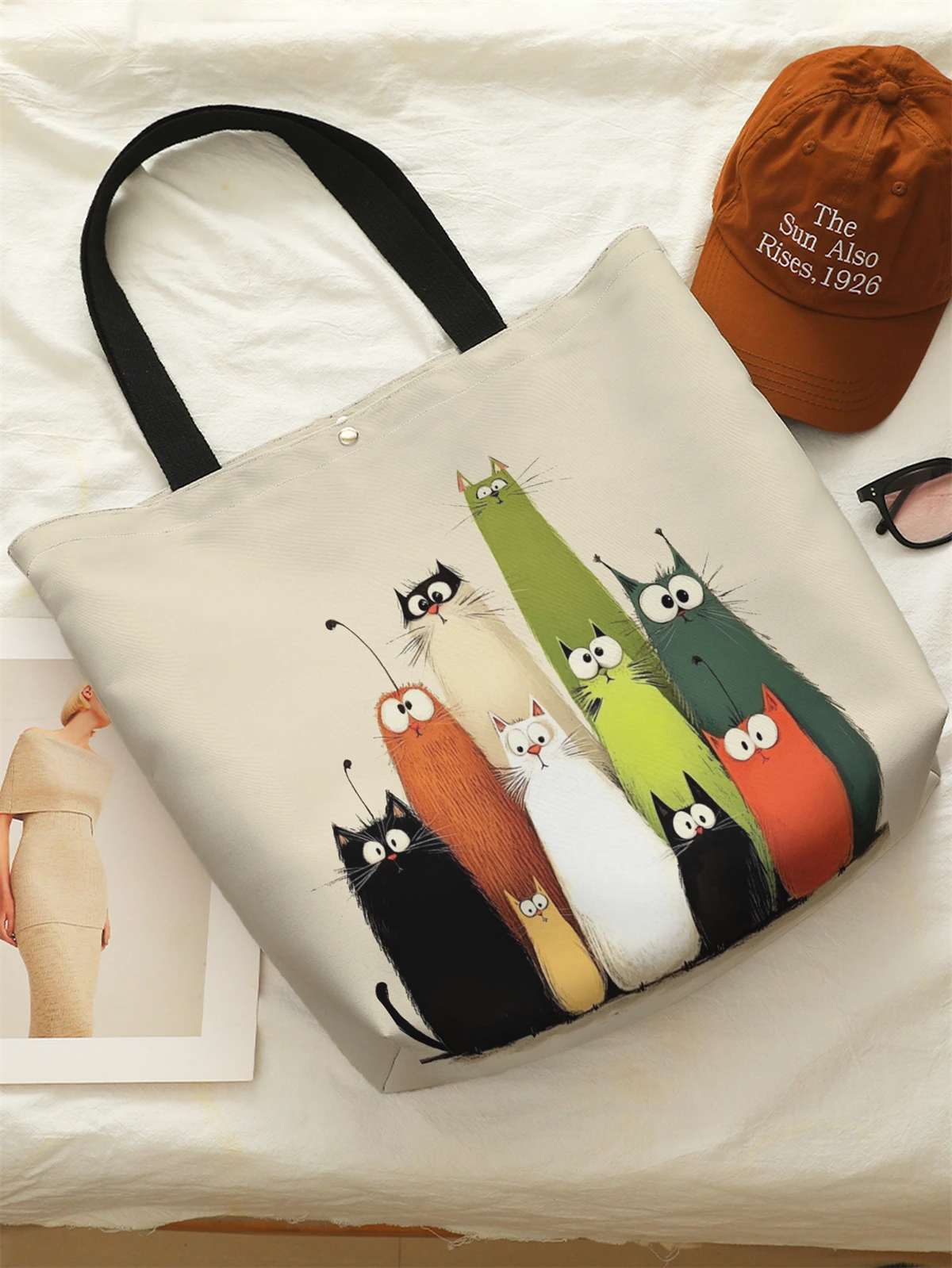 1pc， Cat pattern handbag, reusable fashionable handbag, multifunctional handbag, printed canvas shopping bag