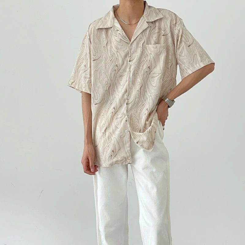 High Street Casual Wave Pattern Pocket Short Sleeve Man Shirt Summer Loose Patchwork Personality Design Temperament Handsome Top