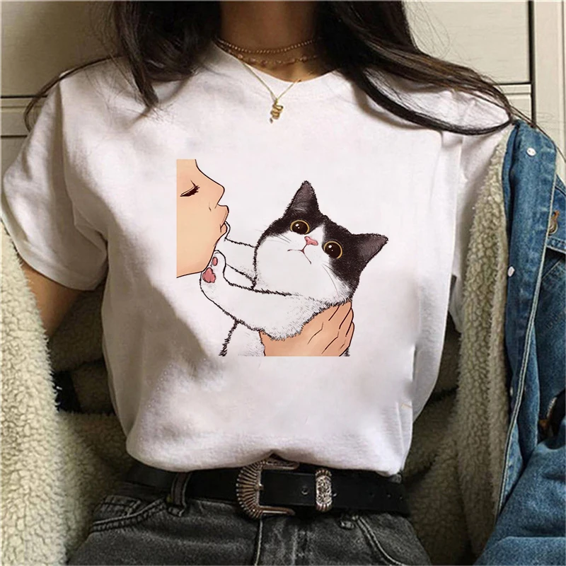 

New 2023 Summer Women T-shirt Kiss A Cute Cat Printed Tshirts Casual Tops Tees Harajuku 90s Vintage White Tshirt Female Clothing