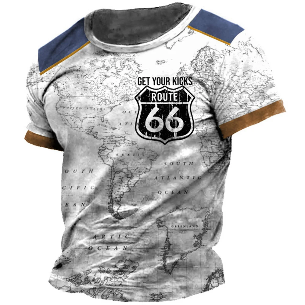 

Summer Retro US Route 66 Print Men's T Shirts Amercian Style Loose Short Sleeve Tops Casual Tees O Collar Male Clothing 6XL Size