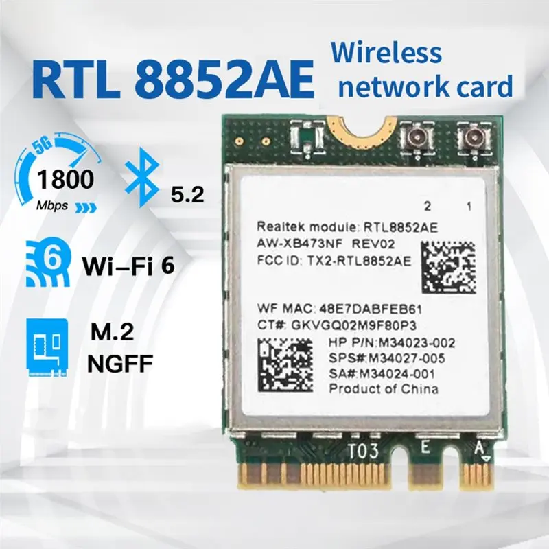 A23F-RTL8852AE Wifi 6 네트워크 카드(8Dbi 외부 안테나 포함) 1800M 무선 Wifi 모듈 Windows 10 11용 M.2 NGFF 어댑터