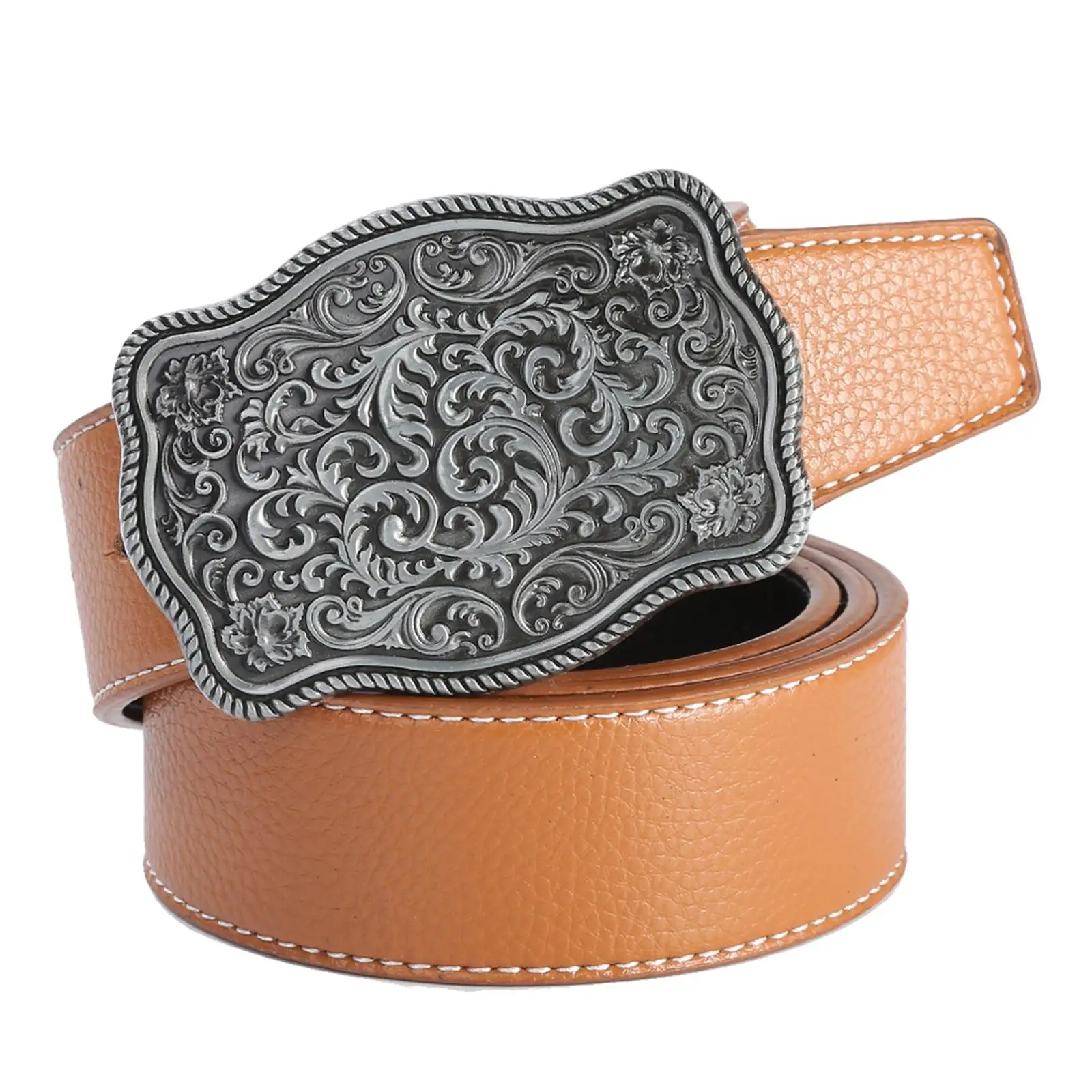 

Western Belt Floral Engraved Buckle Retro Pattern Vintage Style Fashion Waistband 47" Long Strap for Unisex Ladies Dress Jeans