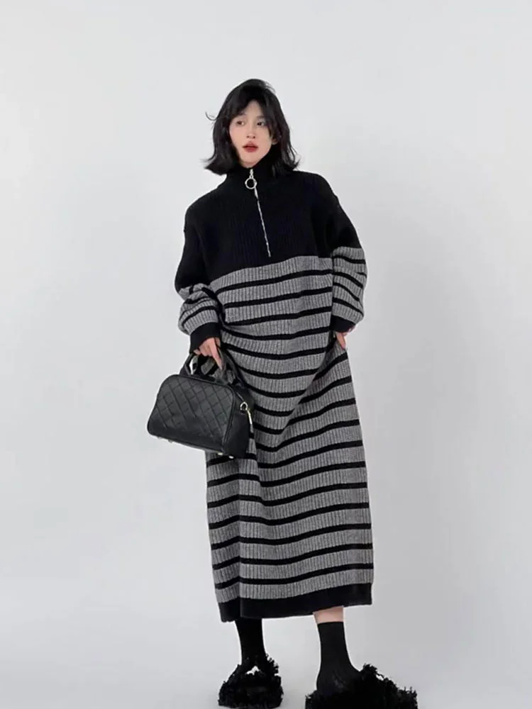 

Striped Knitted Dress for Women Early Spring Polo Neck Zipper Loose Long Art Sentiment Sen First Love Dress