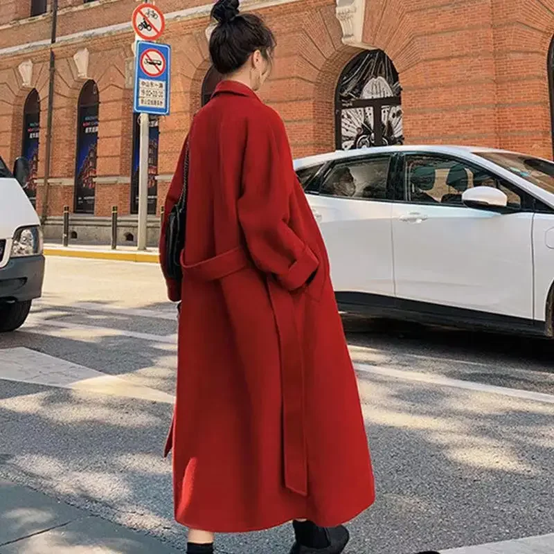 Winter Autumn Christmas Red Black Loose Long Wool Coat Jacket Belt Woolen Overcoat Korean Women Split Hem Cardigan Outerwear XL