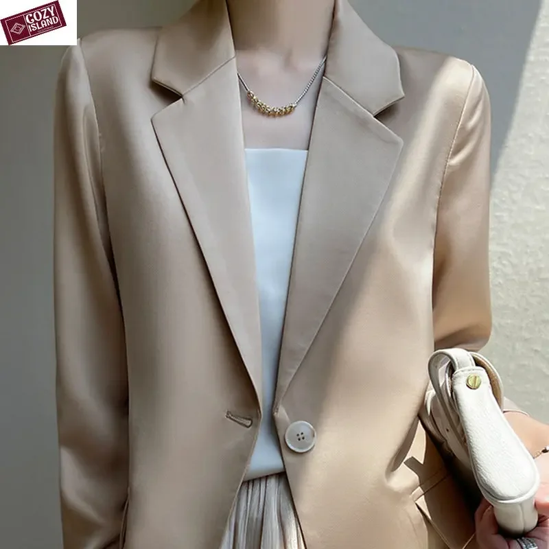 

Spring Blazers for Women Suits Sun Protection Jacket Ladies Satin Drape Silky Soft Long Sleeve Suit Clothing Lapel Autumn Coats