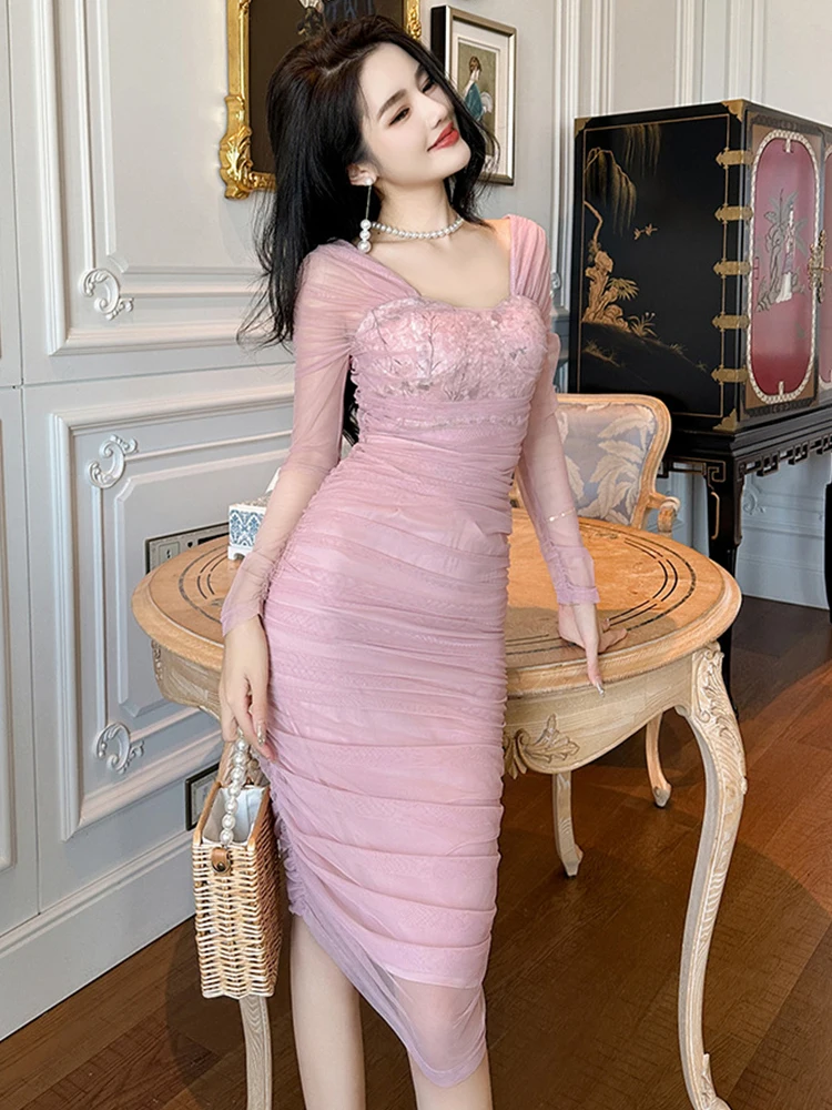 New Chic Spring Autumn Pink Dresses Women's Clothes Mujer