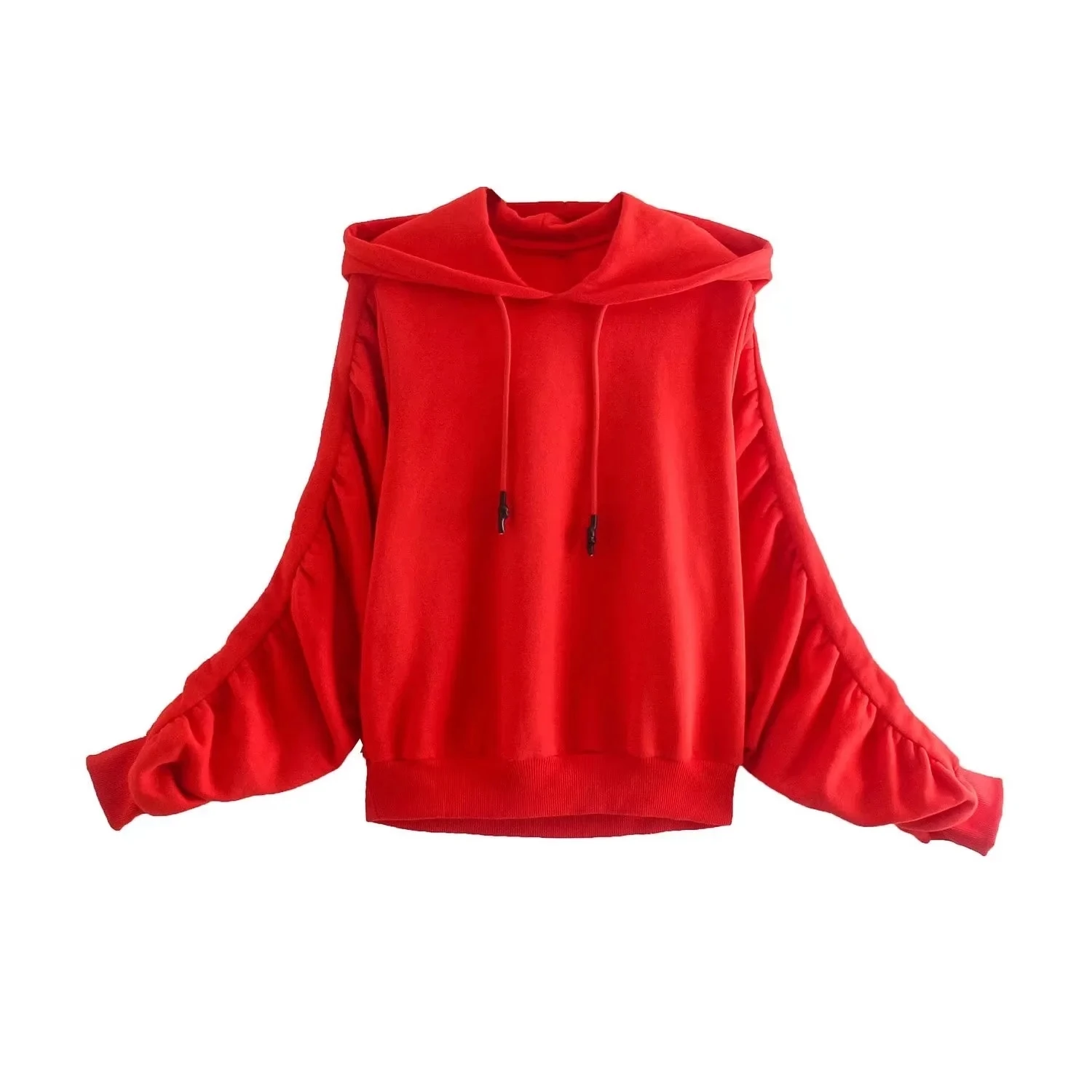 

TRAF Womans Red Hoodies Autumn Warm Hooded Shirt Women Vintage Long Sleeves New Sweatshirts Sleeve Wrinkles Aesthetic Pullovers