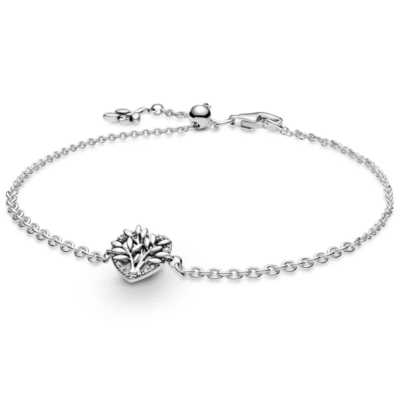 

Authentic 925 Sterling Silver Heart Family Tree Chain With Crystal Bracelet Bangle Fit Bead Charm Diy Fashion Jewelry