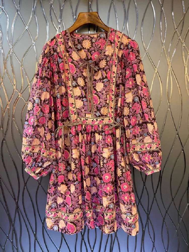 

Top Quality New 2023 Spring Dress Women O-Neck Colorful Floral Prints Lantern Sleeve Casual Loose Cotton Dress Gorgeous Wear