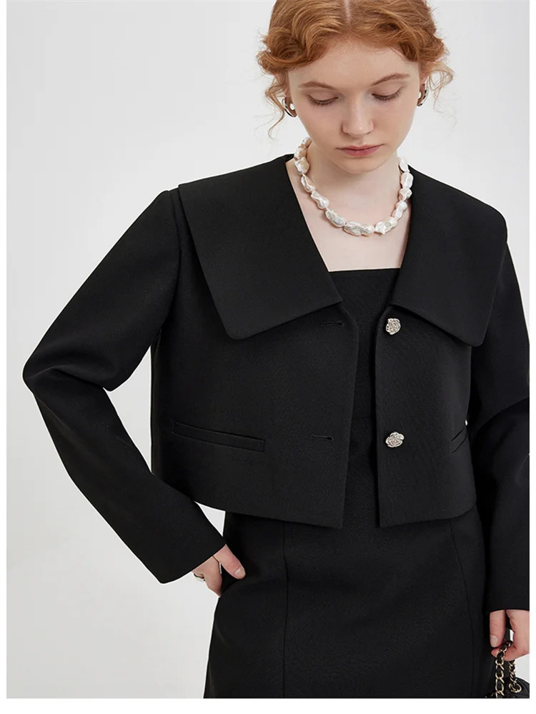 MOLAN Elegant Black Women Autumn Jacket  Mental Button High Street Lapel Design Small Short Jacket Top Women Fashion Blazer