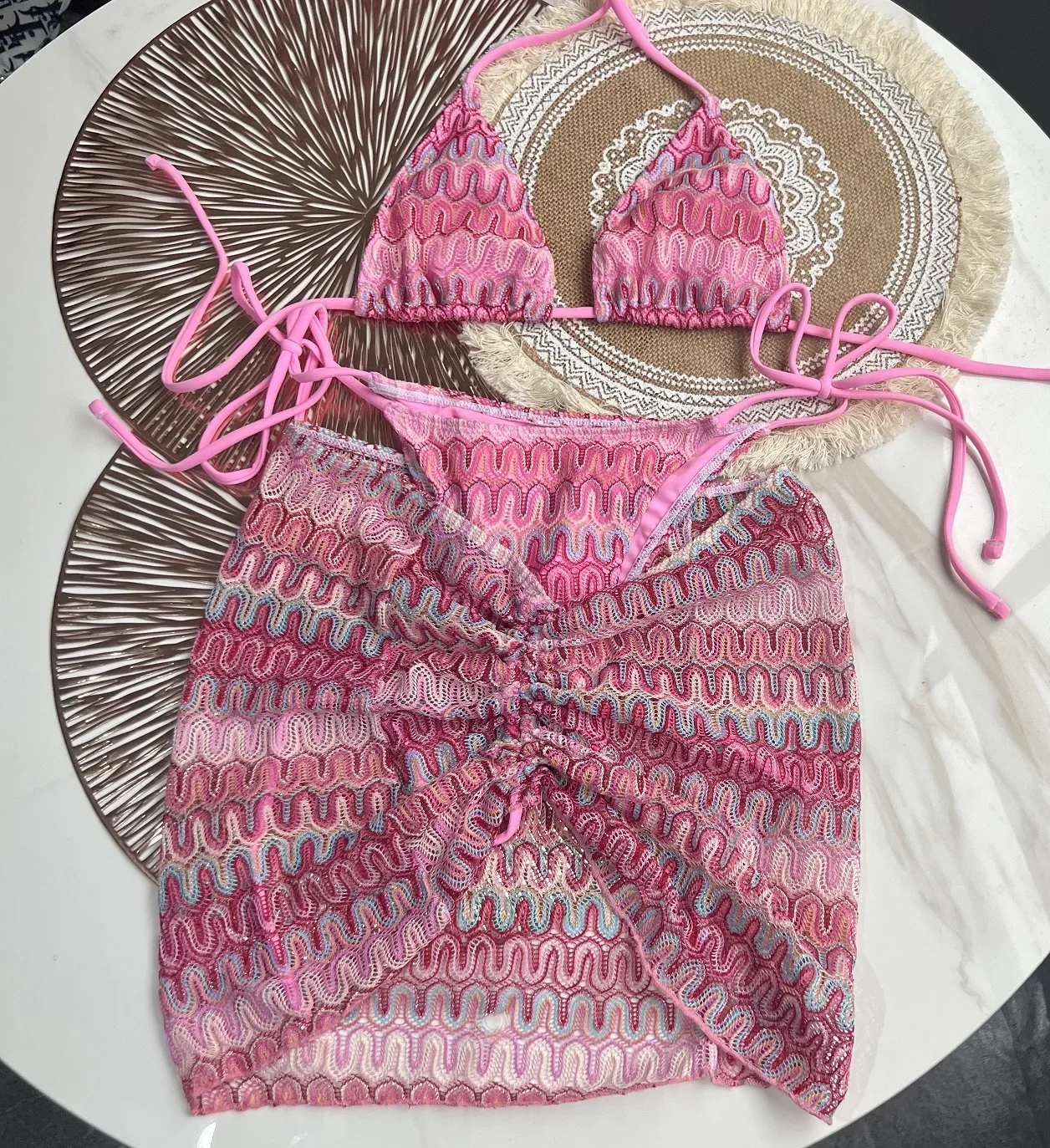 Zigzag Bikini Three Piece Swimwear with Skirt Knitting Bikini Set Bikini Swimsuit Women Swimwear