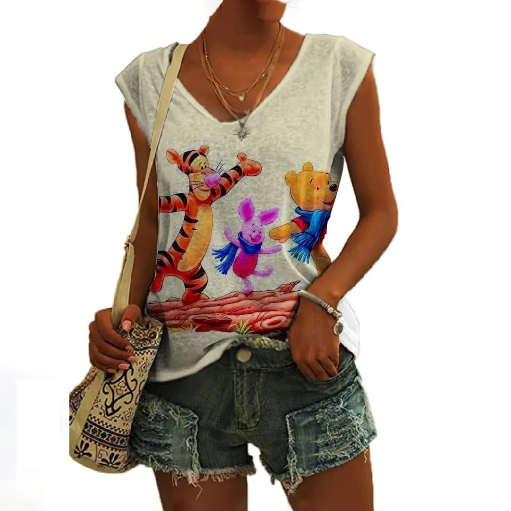 

2023 Summer New Cute Winnie the Pooh Anime Street Sleeveless V-Neck Vest Disney Print Fashion Versatile Casual Ladies Slim Tops