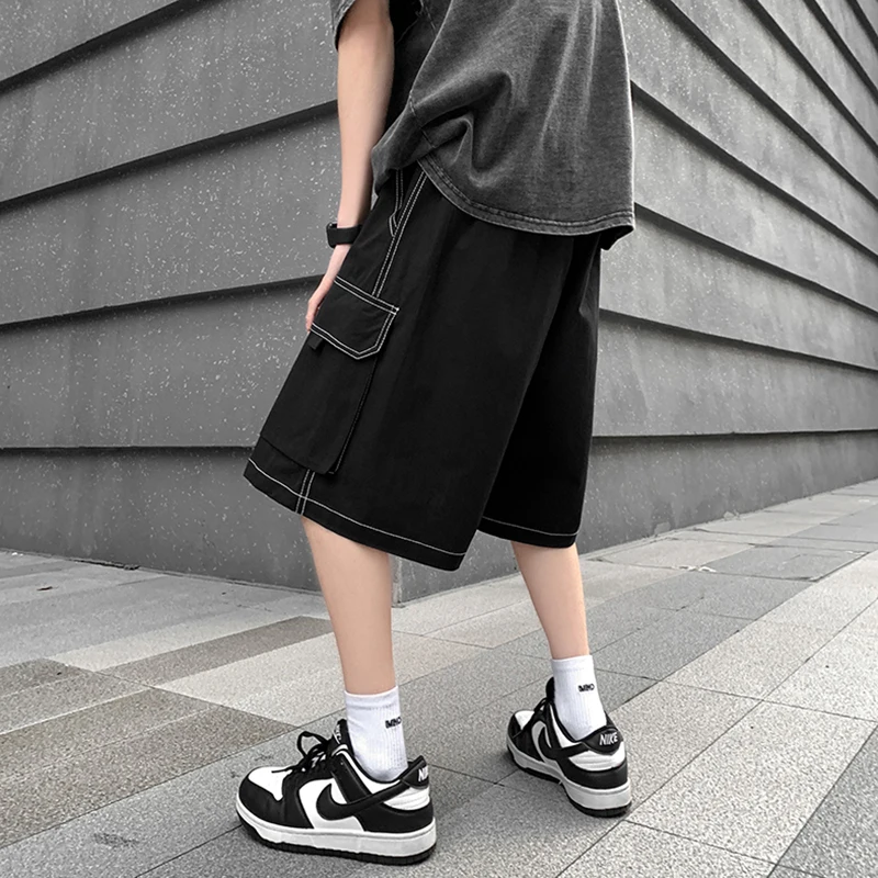 Japanese Moto Biker Cargo Shorts Ins High Street Hip Hop Loose Fit Shorts Knee Length Big Pockets Khaki Harajuku Oversize Shorts