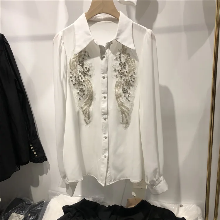 

ZJYT 2024 Spring Beading Shirts and Blouses for Women White Loose Blusa Mujer Moda Korean Style Casual Office Camisas Tops Black